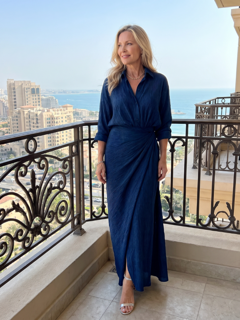 Leonora | Elegante vestido maxi cruzado en azul marino