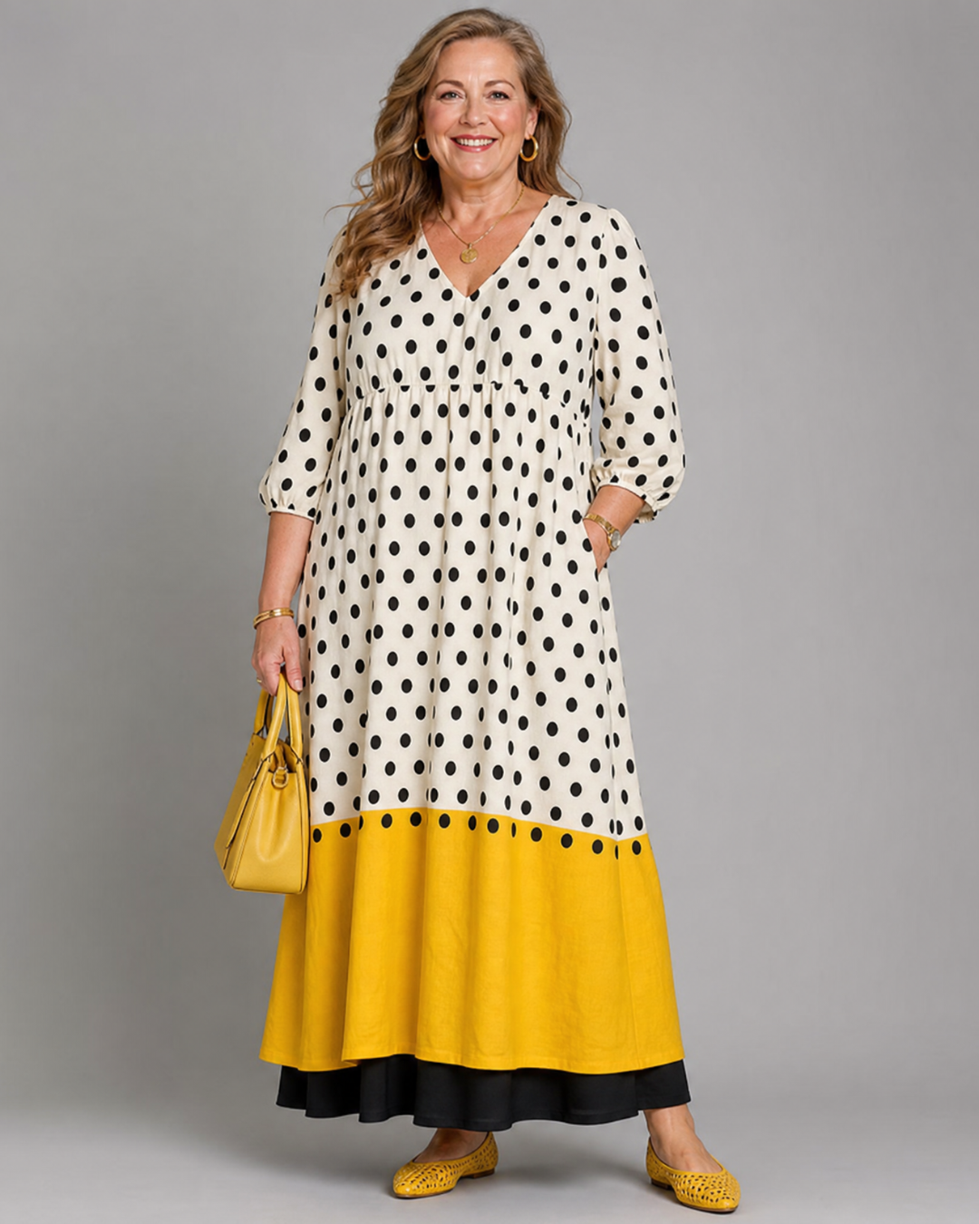 Lore | Vestido midi boho de lunares con dobladillo color block