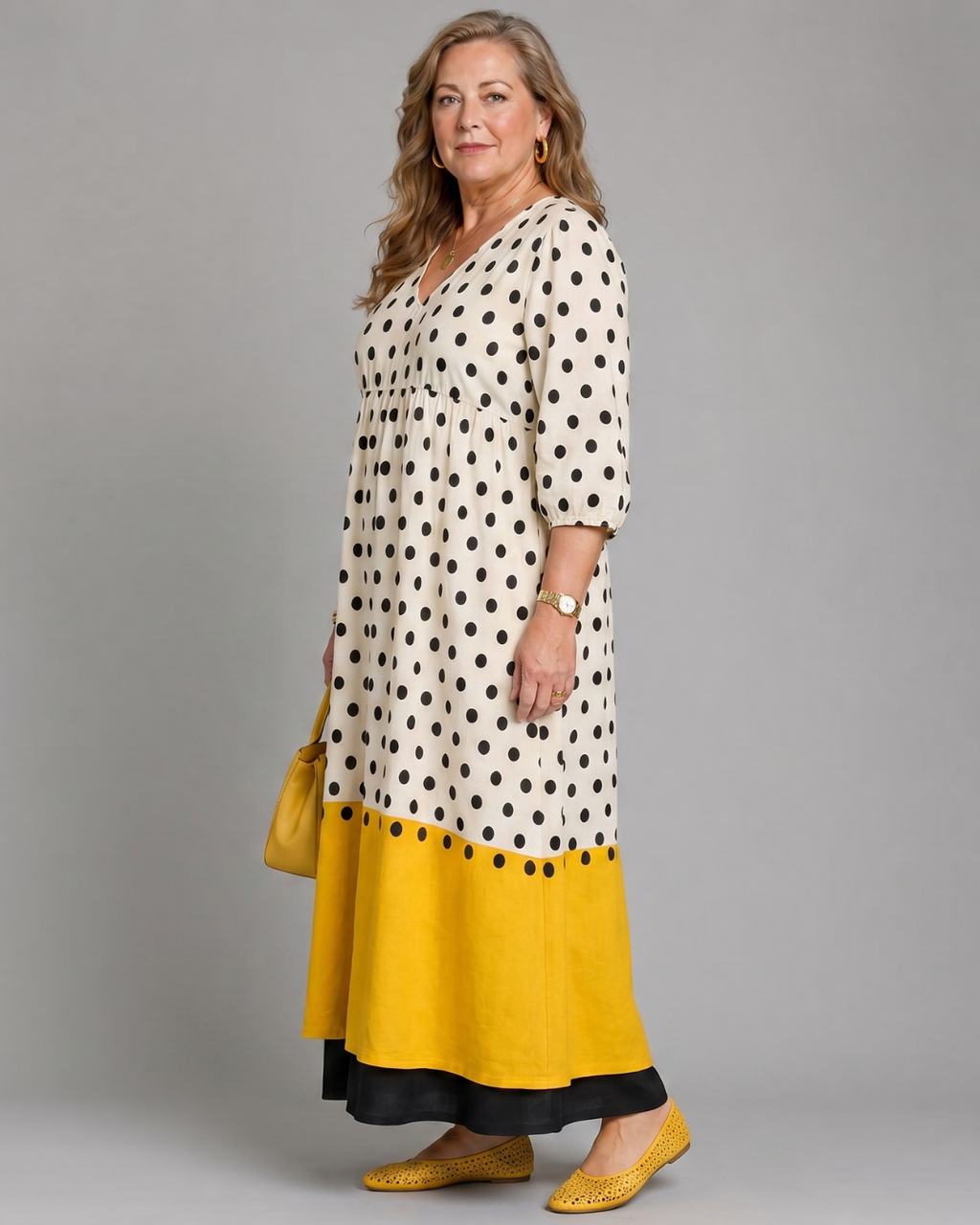 Lore | Vestido midi boho de lunares con dobladillo color block