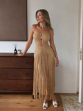 Marisa | Vestido largo de crochet con halter y flecos