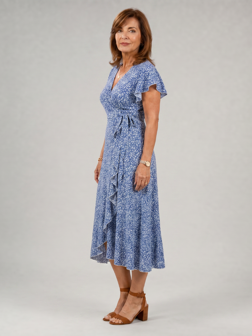 Marlene | Vestido cruzado floral con dobladillo de volantes