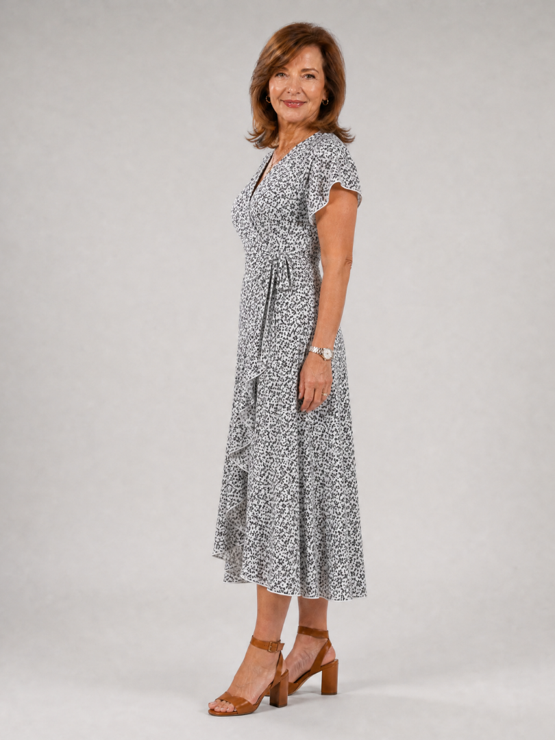 Marlene | Vestido cruzado floral con dobladillo de volantes