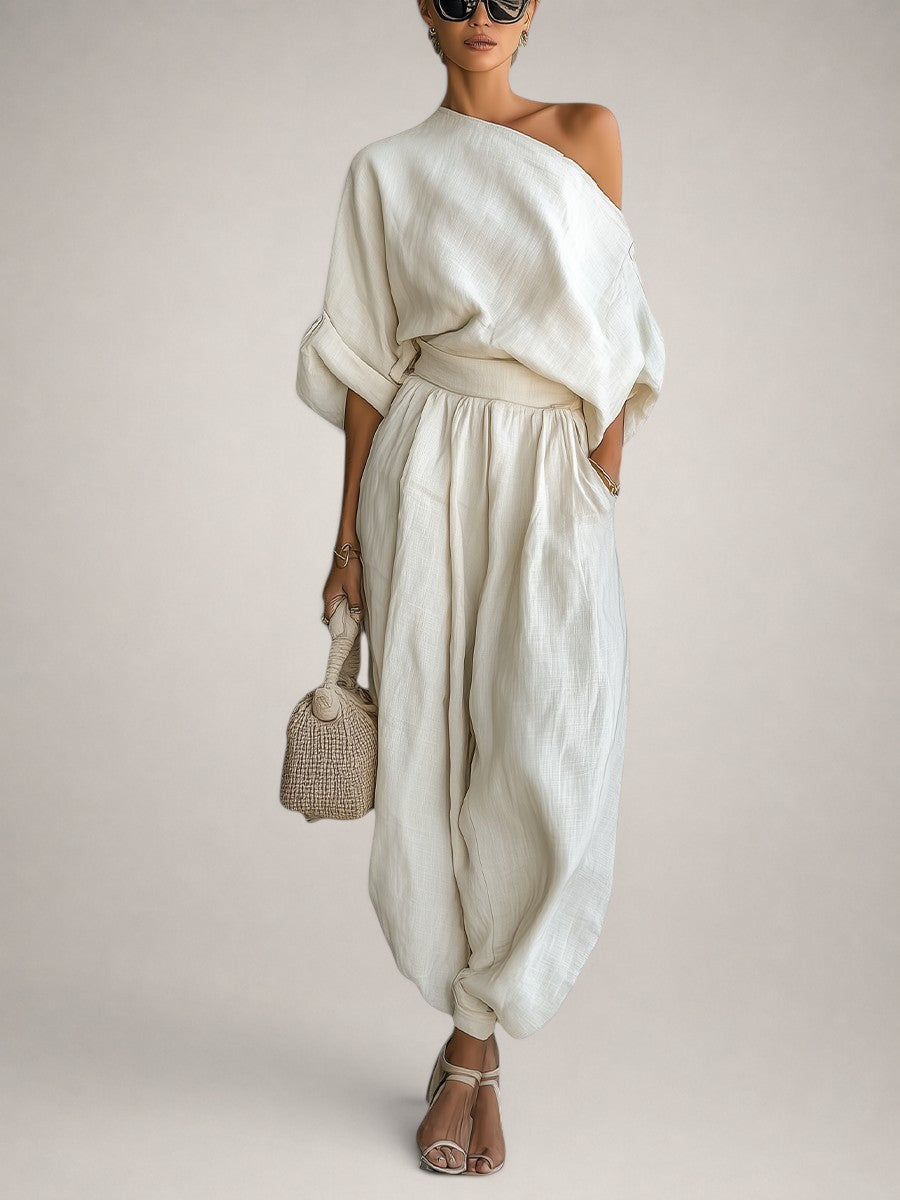 Mila | Conjunto de lino con top off-shoulder y pantalón