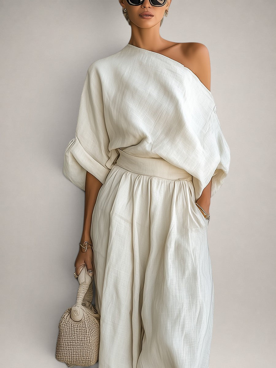 Mila | Conjunto de lino con top off-shoulder y pantalón