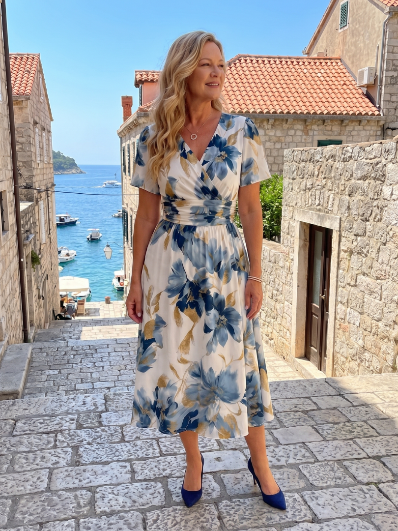 Ottilie | Vestido midi cruzado floral de manga corta
