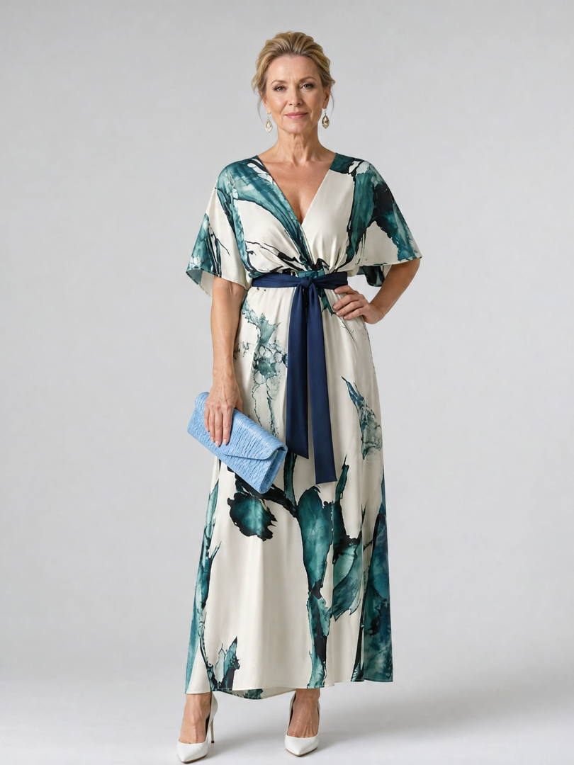 Philippa | Vestido maxi con mangas de ala y cinturón anudado