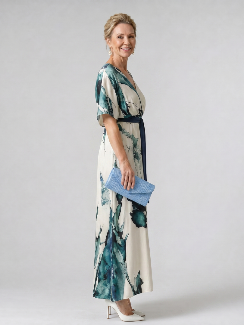Philippa | Vestido maxi con mangas de ala y cinturón anudado