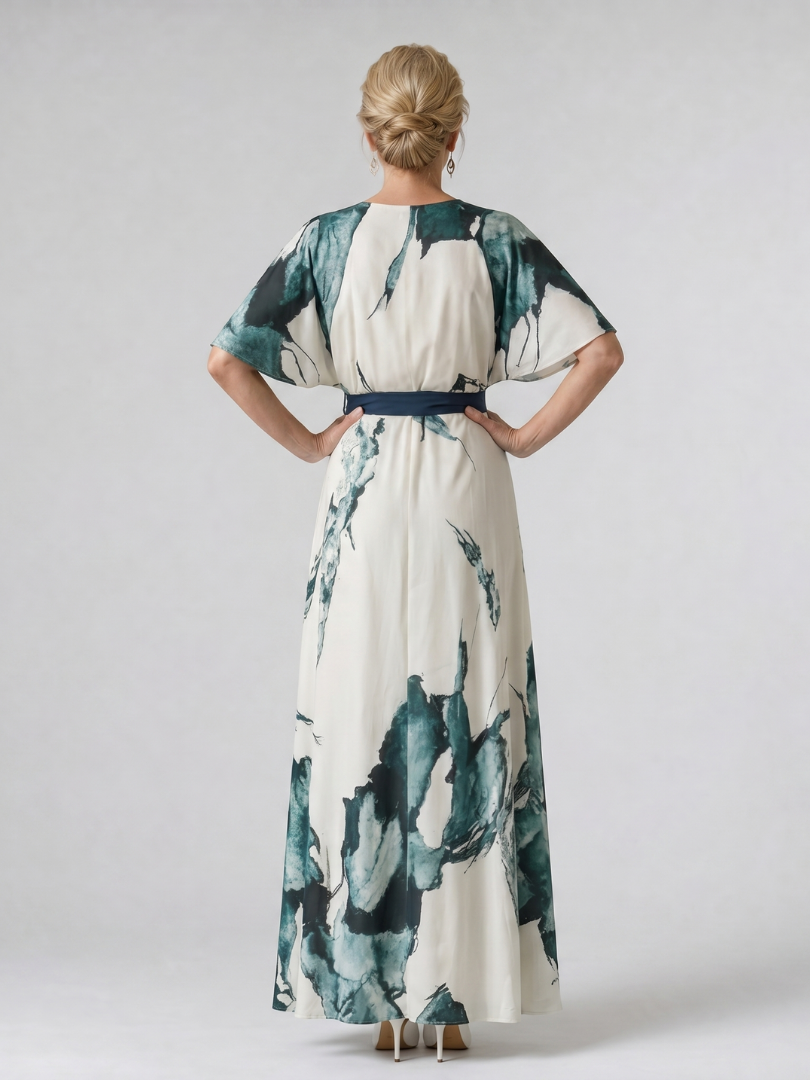 Philippa | Vestido maxi con mangas de ala y cinturón anudado