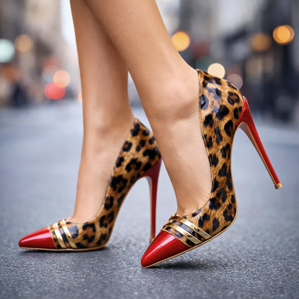Roswitha | Zapatos de tacón de aguja de punta fina con estampado de leopardo