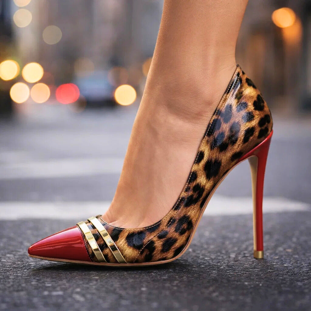 Roswitha | Zapatos de tacón de aguja de punta fina con estampado de leopardo