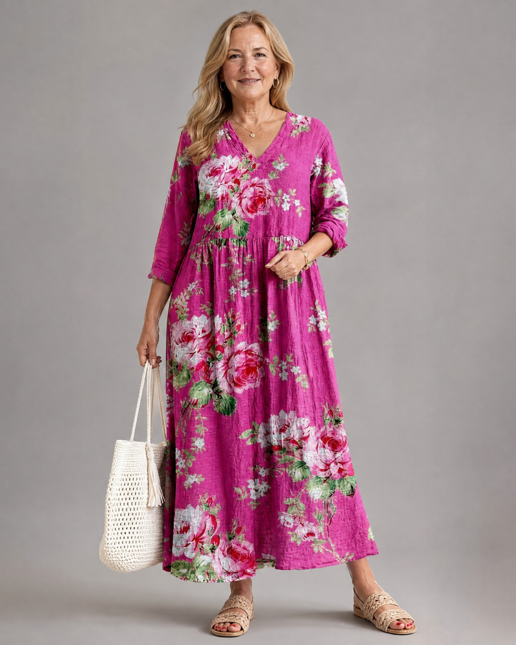 Roswitha | Vestido midi boho con estampado vintage de rosas