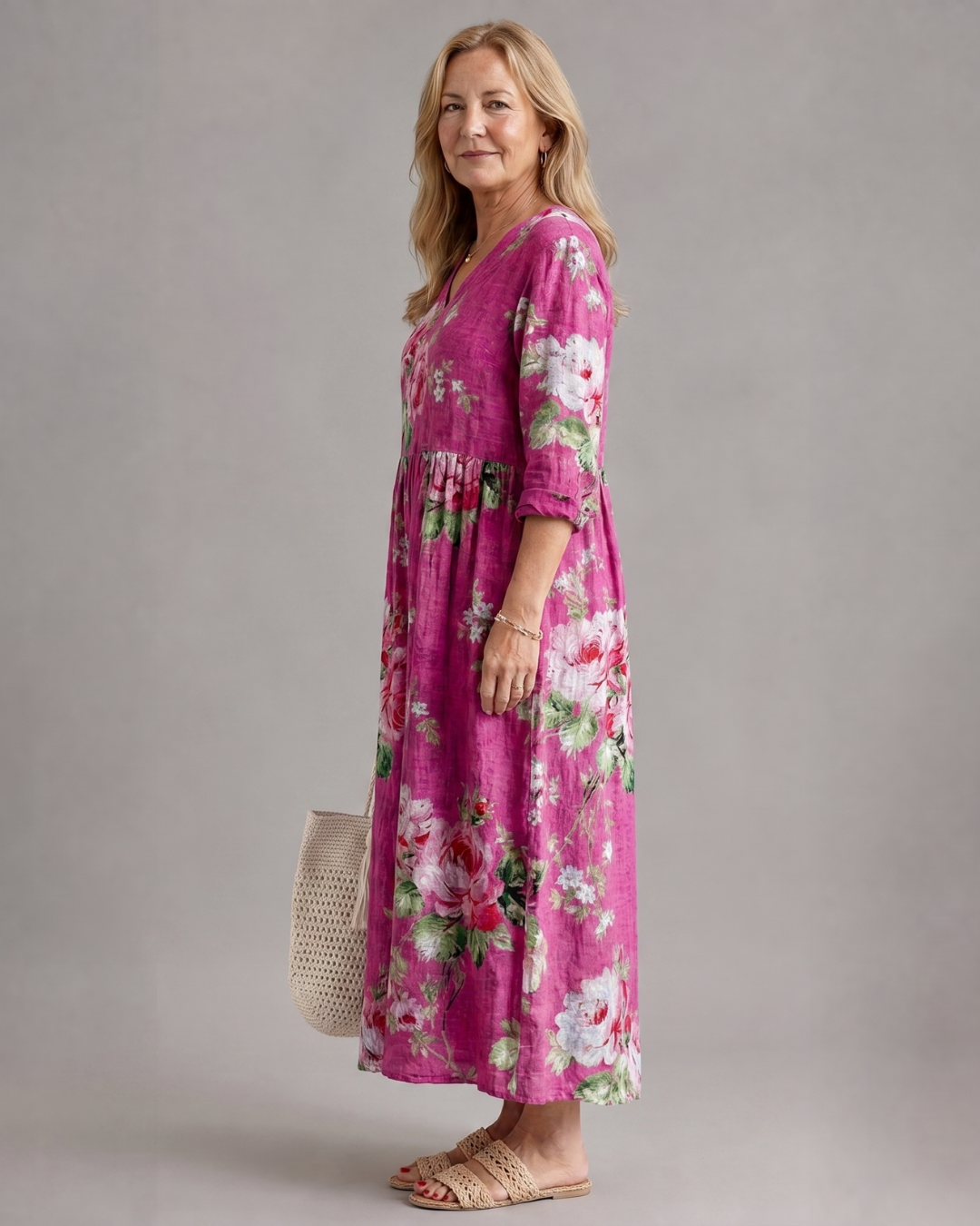 Roswitha | Vestido midi boho con estampado vintage de rosas