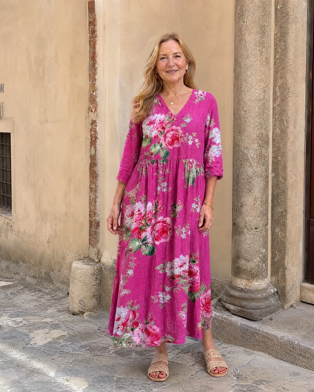 Roswitha | Vestido midi boho con estampado vintage de rosas