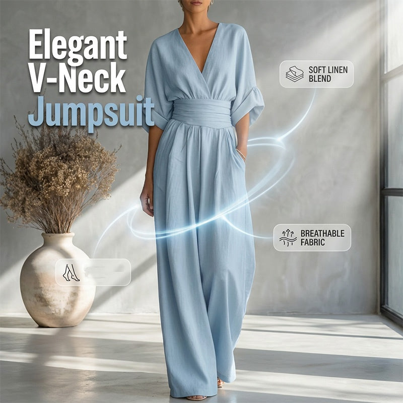 Mono Elegante de Escote en V en Mezcla de Lino