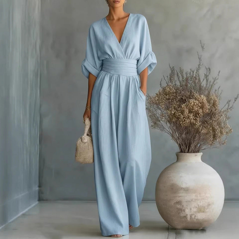 Mono Elegante de Escote en V en Mezcla de Lino