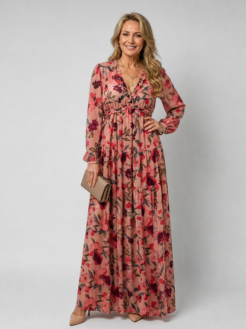 Viktoria | Vestido maxi floral con falda de volantes escalonados