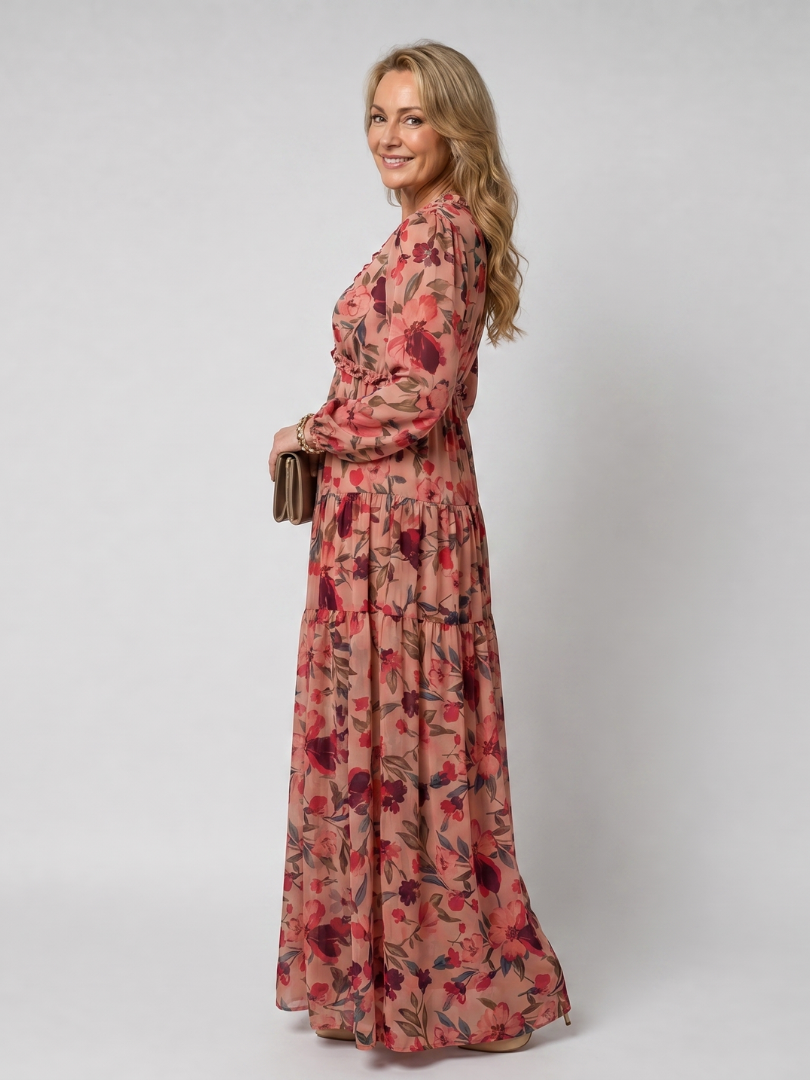 Viktoria | Vestido maxi floral con falda de volantes escalonados