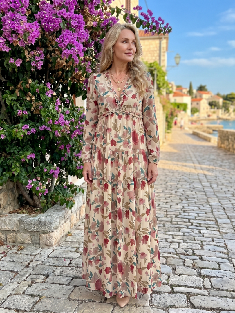 Viktoria | Vestido maxi floral con falda de volantes escalonados