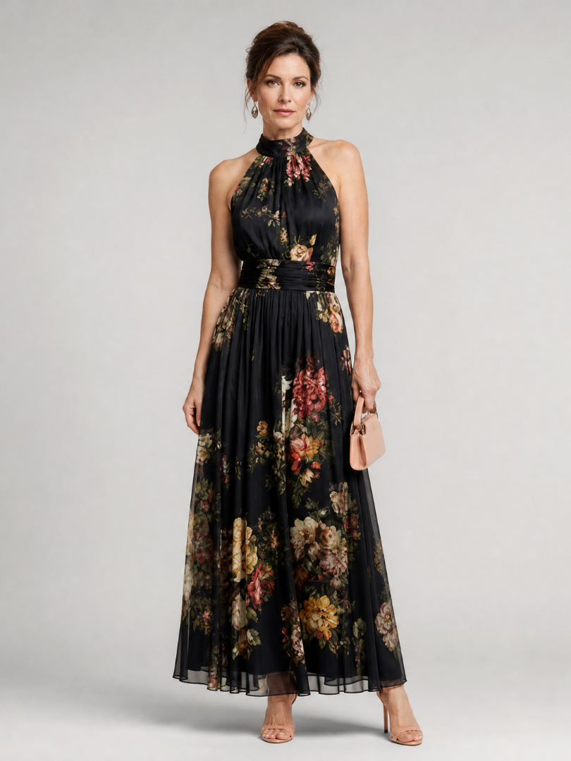 Wilhelmine | Vestido midi halter con estampado floral en negro