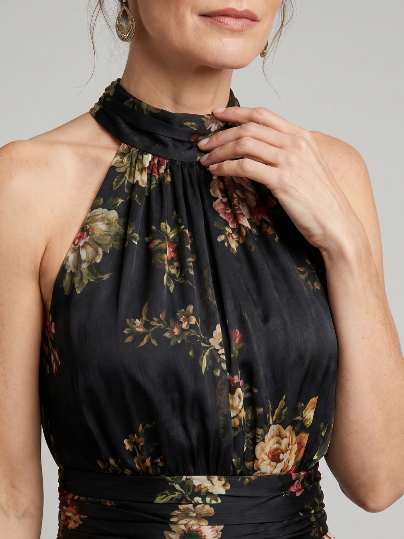 Wilhelmine | Vestido midi halter con estampado floral en negro