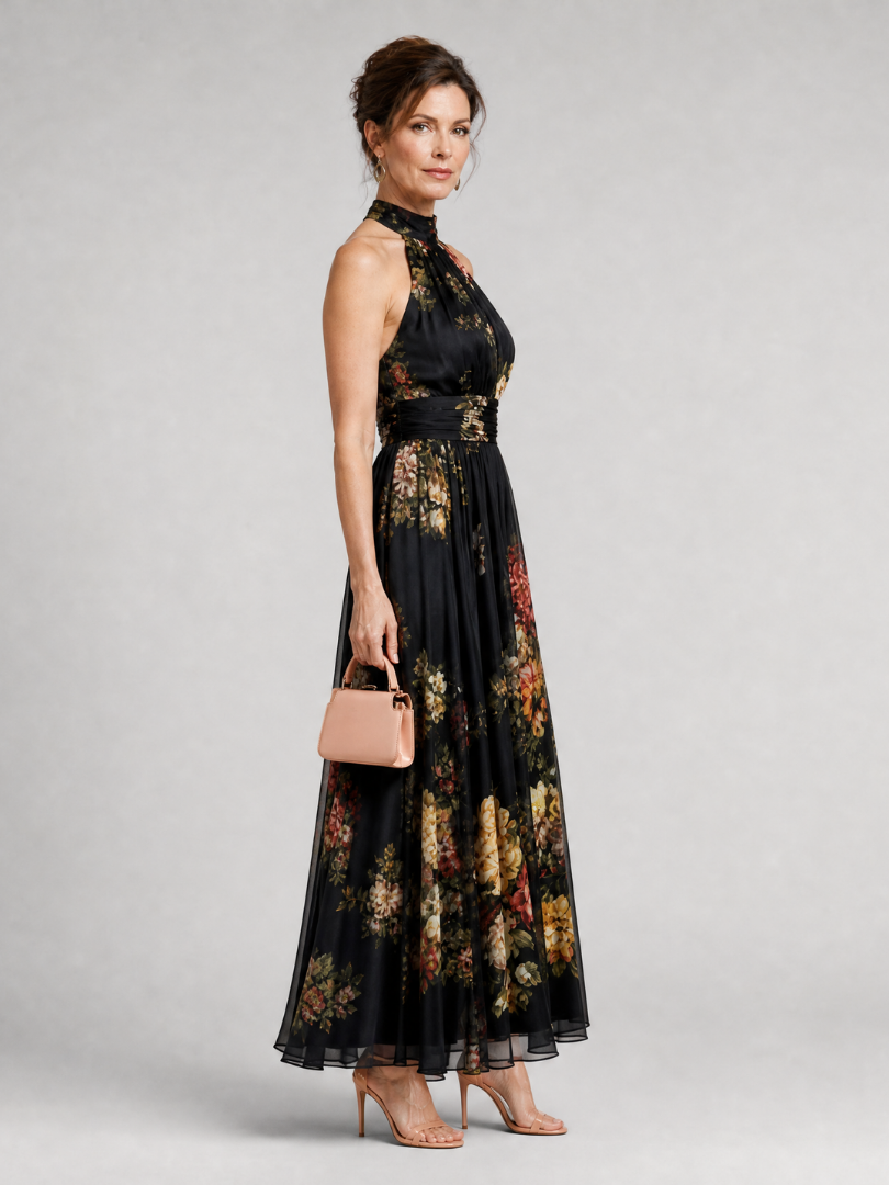 Wilhelmine | Vestido midi halter con estampado floral en negro
