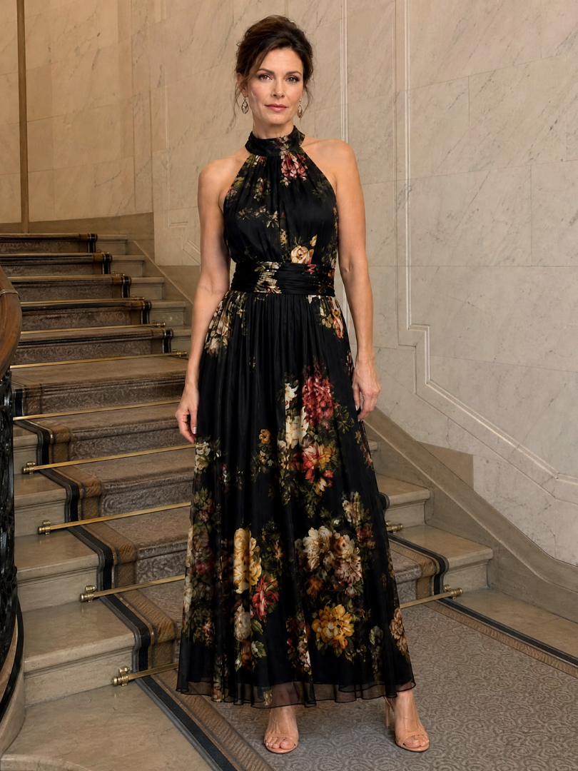 Wilhelmine | Vestido midi halter con estampado floral en negro